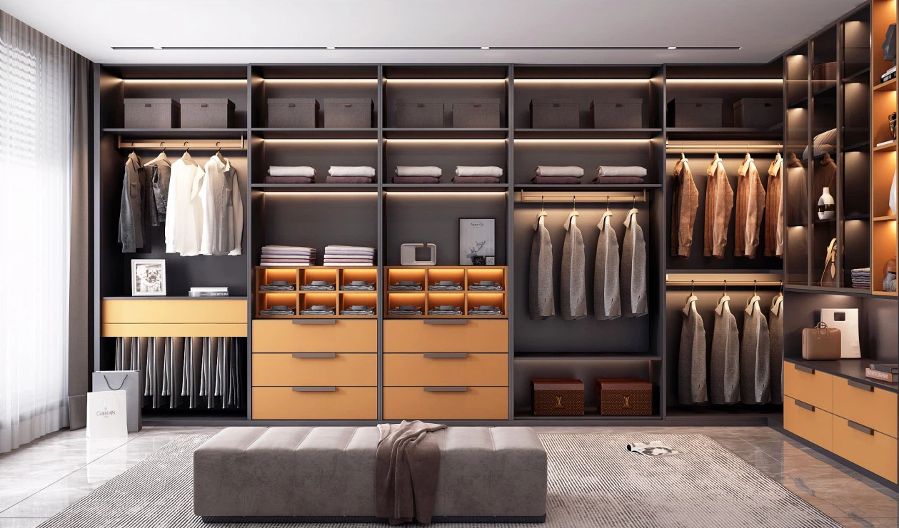 modern luxury walk in wardrobe with LED lighting and amber drawers modern luxury walk in wardrobe with LED lighting and amber drawers