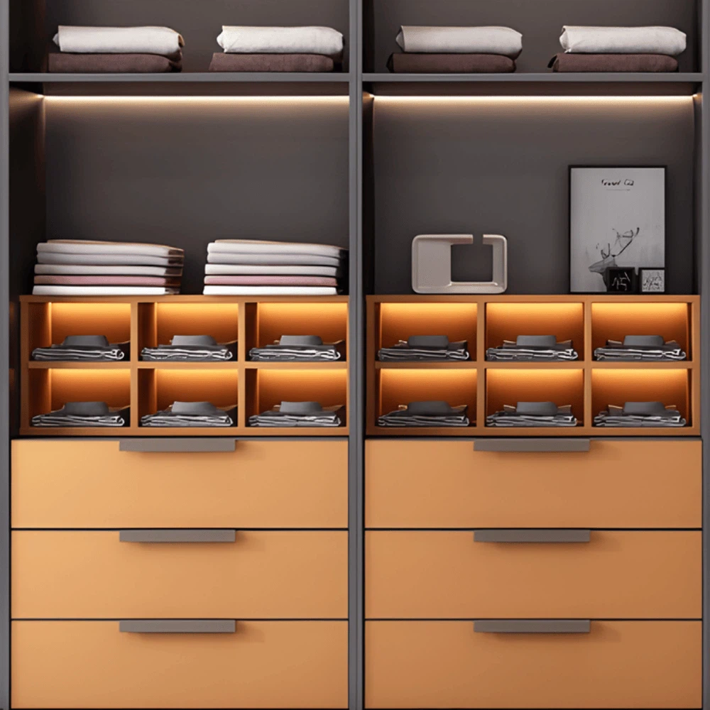 amber tone drawer units of modern walk in wardrobe with soft lighting amber tone drawer units of modern walk in wardrobe with soft lighting
