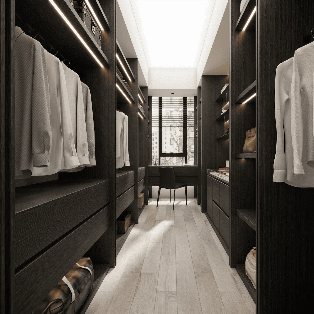 Modern Dark Wood Wardrobe with LED lighting and elegant walk-in closet design Modern Dark Wood Wardrobe with LED lighting and elegant walk-in closet design