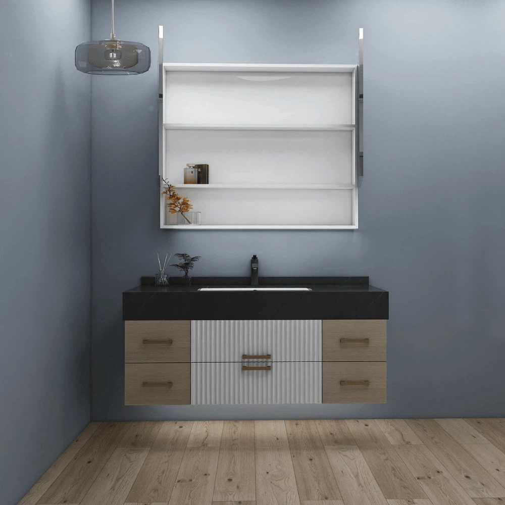 Bathroom vanity with open mirrored cabinet and shelves for organized storage. Bathroom vanity with open mirrored cabinet and shelves for organized storage.